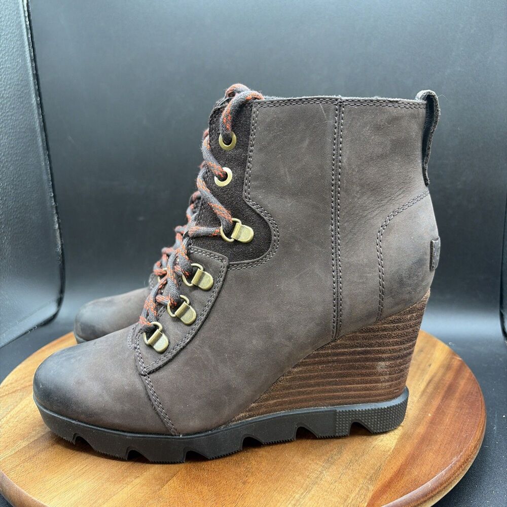 Sorel Joan Uptown Zip Wedge Womens Size 7.5 Bootie Brown Leather Shoes